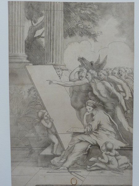 An intricate artwork depicting a group of figures, including a central woman holding a palette and brushes, surrounded by other mythical and allegorical characters like a devil and what appears to be Apollo, outdoors. There are also elements like laurels, mahlsticks, a donkey, and pince-nez throughout the scene.