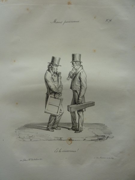 Two men wearing top hats, with long hair, stand on a street depicted in a monochrome artwork. Each man is equipped with tools used for artistry—one holding a painted canvas and the other carrying a painter's box, possibly indicating their professions as painters or restorers in a Parisian setting, as hinted by the caption "Mœurs parisiennes."