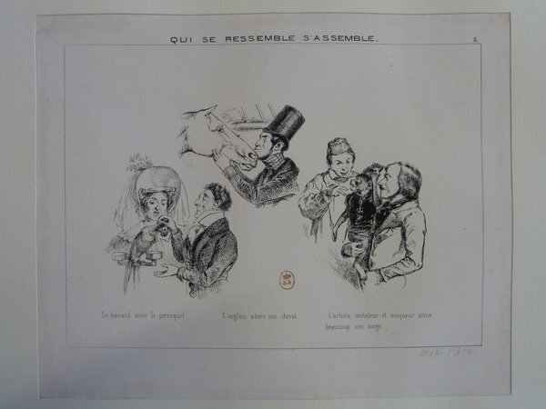 Black and white illustration showing various characters, possibly from the July Monarchy period, engaging with animals. An individual with long hair interacts with a monkey. The scene also includes other human figures, each depicted with detailed facial expressions and period clothing. The text "QUI SE RESSEMBLE S'ASSEMBLE" is displayed at the top.