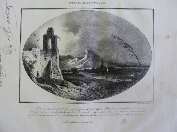 Alt text: An old black and white print featuring an outdoor scene with a ruined tower in the foreground and distant mountains. The image depicts a landscape with varied textures and details, including a figure standing by the tower and a lone tree bending in the foreground.