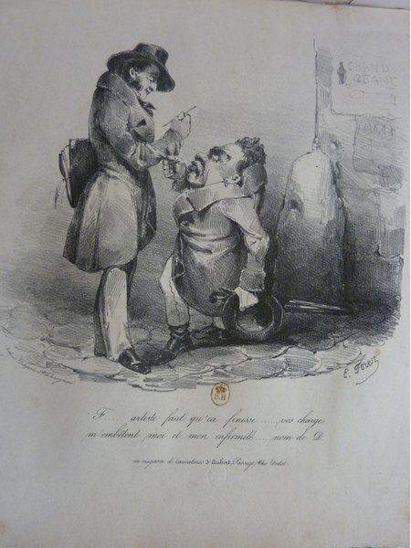 A lithograph from the July Monarchy era depicting two figures on a street; one appears to be a street dentist, wearing a coat and hat, treating the other seated figure who is grimacing. In the background, a sign reads "GRAND GEANT." The scene includes details like umbrellas and tools associated with street dentistry.