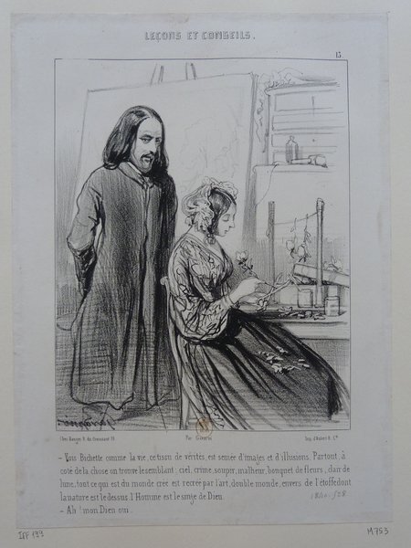 A historical print depicting a scene inside an artist's studio. A man with long hair and facial hair stands next to a woman who is seated by an easel. Both are dressed in period clothing, suggestive of the July Monarchy era. The setting includes various paintings and art supplies around the studio.