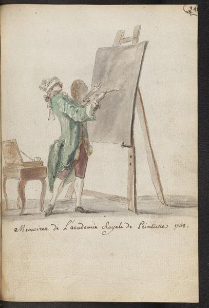 Two artists, wearing wigs and outfits styled as habits à la française, are depicted in a painting studio. One artist is painting on a canvas held by an easel, while holding a palette and artists' brushes. A chair is also visible in the background.