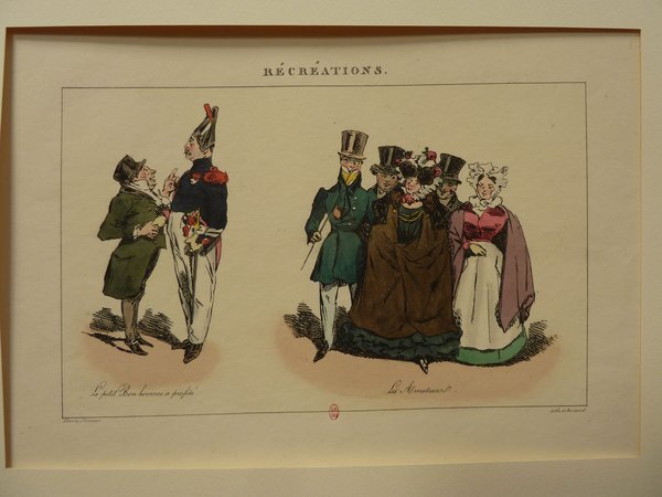 A vintage color illustration featuring two groups of people wearing outfits from the Restoration period. On the left, two men, one in a green coat and the other in a dramatic red and blue military uniform, holding a cane and wearing a tall hat. On the right, a group of women and men in bourgeois outfits, with top hats and elaborate dresses, also holding canes. All figures are depicted in a conversational stance.