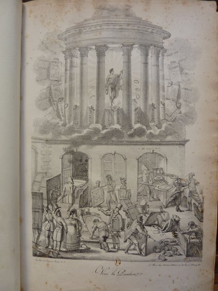A detailed illustration featuring various people including painters and a woman, handling art submissions for an exhibition on a busy street. Elements such as dogs, a statue of Apollo, bicornes, top hats, laurels, and palettes are visible. The setting is near a classical rotunda adorned with art-related texts.