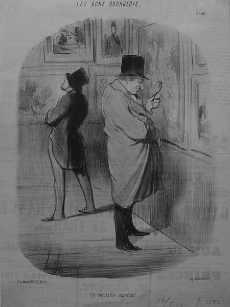 Two individuals in bourgeois outfits, including top hats, are viewing paintings at an exhibition salon. The person on the right is using a loupe to inspect a painting closely, while the other stands behind observing different artworks. Indoors setting during the July Monarchy period.
