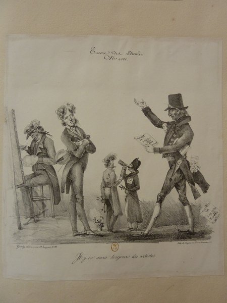 An 18th-century engraving depicting multiple figures involved in creative activities. The scene includes a man with long hair using a mahlstick as he paints on a canvas in a studio setting. He is accompanied by another man in a military uniform holding papers and a small child watching the painter. No visible fire, bottles, or musicians are in this image.
