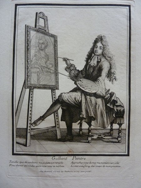 An etching depicting a painter from the Ancien Régime era, dressed in a Habit à La Française and wig, seated in a studio. The artist holds a palette and mahlstick, working on a portrait placed on an easel. Various artists' brushes are visible.