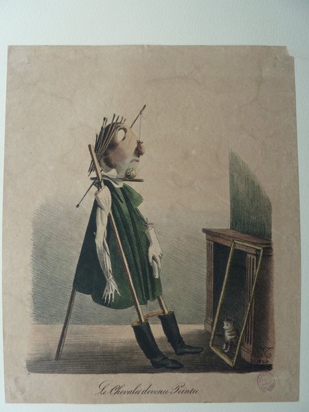 Artistic illustration of a figure of a person constructed by a paint pallete, paint brushes, an easel, and a smock stands near a cat sitting within the space of a painting frame. 