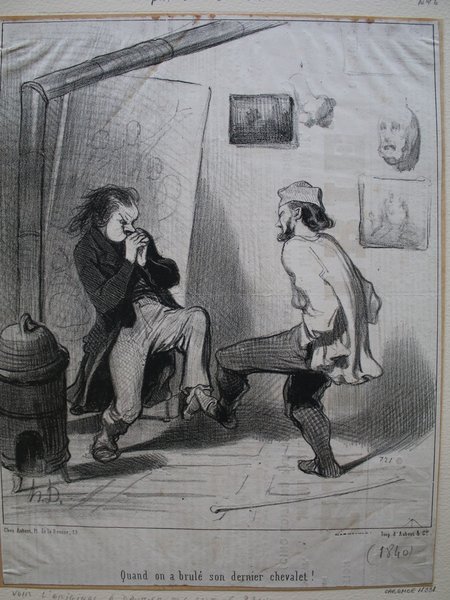 Black and white sketch depicting two bohemian painters in a studio during the July Monarchy era. One with long hair sits, distressed, by a furnace, while the other, with facial hair and wearing a cap, stands facing him. Various artworks, including paintings and a statue, adorn the walls.