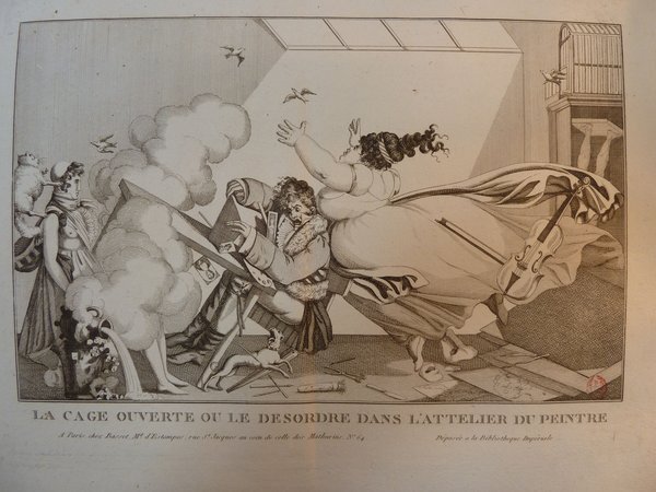 Black and white illustration depicting a chaotic scene in a painter's studio. Features include a woman, a dog, cats, a violin, and mannequins, along with a painter working at an easel. Paintings and artistic instruments are scattered throughout the room.