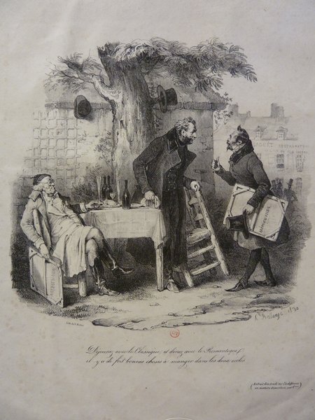 A black and white illustration depicting three men in bourgeois outfits, including top hats and pince-nez, in a rural street setting. They are near a table with alcohol bottles, engaged in conversation. One man is seated holding a portfolio, another stands leaning on a chair, and the third carries a portfolio and a ladder. Facial hair and hats are notable. The setting includes a leafy tree and a distant view of buildings.