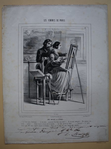An illustration showing two women, likely students, sitting at easels in an art class during the July Monarchy period. One observes while the other paints; elements in the scene include paintings, a museum-like setting, easels, and a man with facial hair observing the student's work.