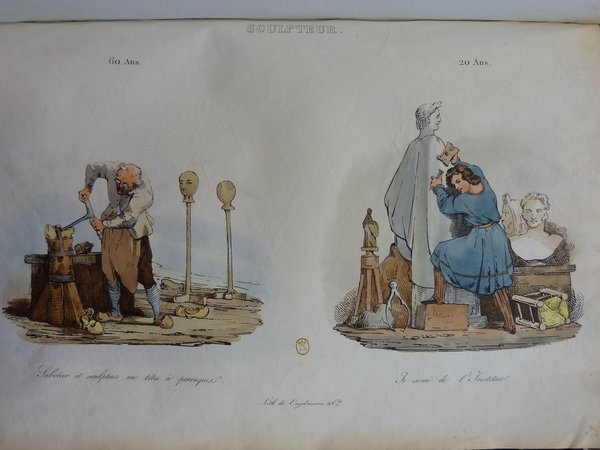 An illustration depicting two scenes in a sculptor's studio during the July Monarchy era. On the left, an elderly sculptor works on a bust, surrounded by sculpting tools and unfinished sculptures. On the right, a young woman lifts a child to look at a statue, with sketches and sculpted figures nearby. The setting suggests a contrast between two phases of life and artistry, encapsulated within the realm of sculpting.