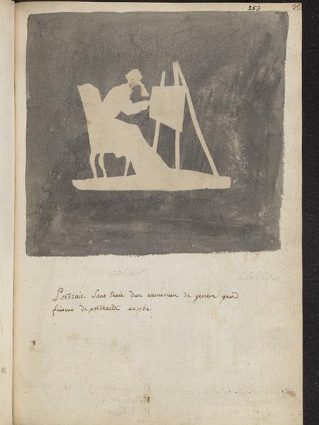 An illustration of a painter from the Ancien Régime era working on a painting in a studio. The artist, depicted in silhouette, sits on a stool and leans towards an easel, actively engaged in the art-making process. The surrounding area is dark, emphasizing the figure and the easel.