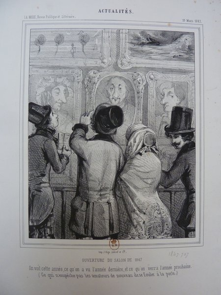 Black and white illustration depicting a group of people at an art exhibition, specifically the Salon of 1847. Several individuals, including men and women, are shown observing and discussing paintings. Men are wearing top hats and some have facial hair. The setting suggests a formal event typical of the July Monarchy period, highlighted by the presence of elegantly dressed women and detailed architectural elements surrounding the artworks.