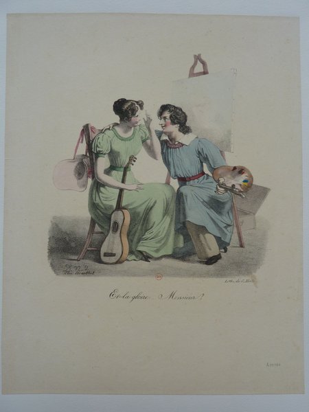 A woman sits next to a man holding a painter's palette and seated next to an easel on which a canvas is partially visible, while the other holds a guitar. They are both wearing smocks and are amidst artists' brushes, a palette, and paintings.