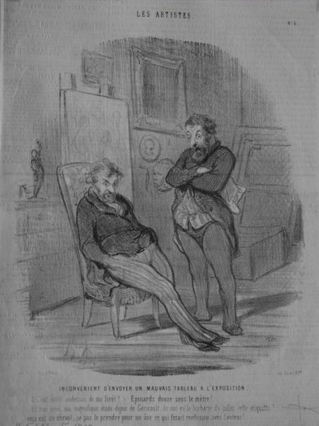 Black and white illustration depicting two male painters with facial hair, standing in an art studio during the July Monarchy. One of them is leaning on the back of a chair, listening attentively to the other, who gestures expressively. Paintings and art submissions are visible in the background.