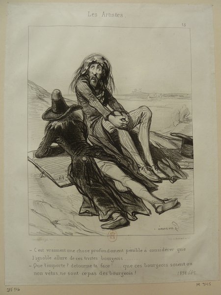 A black and white illustration of a man with long hair and facial hair wearing a bohemian outfit. There is another man laying down beside him wearing a hat. Both are sitting outdoors near a windmill, depicted in a dramatic, exaggerated pose holding a folio. 