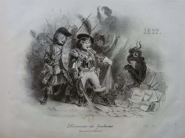 Historical illustration featuring figures in military uniforms and a demon, set on a street with scattered albums and inscribed signs. Notable details include a person wearing a pince-nez and multiple allegorical elements suggesting a scene of restoration or discovery.