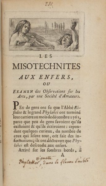 An engraved illustration on an aged document titled "LES MISOTECHNITES AUX ENFERS." The image depicts two figures in water; one is reading a book while propped against rocks, and the other appears to be submerged and struggling. The text explores themes associated with the Ancien Régime and is a critique or examination by art critics.