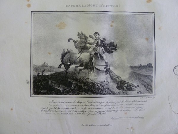  A grayscale illustration depicting a dramatic outdoor scene with a man on a chariot with two galloping horse, pulling another horse which carries a limp body. In the background, a faint landscape with buildings is visible. There are apparent stains and script on the paper, suggesting it is an aged or restored document. The scene conveys action, possibly related to a historical or mythical narrative involving animals.