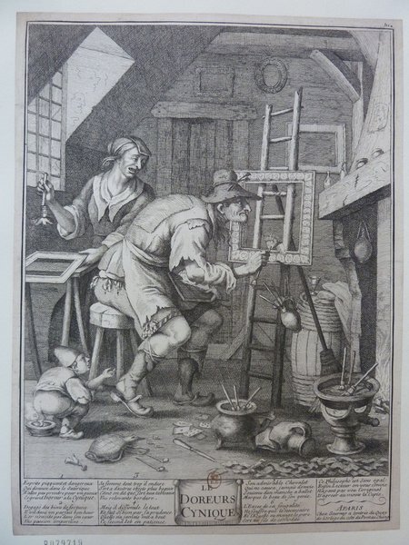 Black and white etching depicting an interior scene from the Ancien Régime era featuring a studio with a woman and a child, a painting frame, and a ladder. The child is depicted in an act suggestive of defecation. Various items are scattered on the floor, and there are intricate details throughout the image, including frames and tools related to artwork creation.