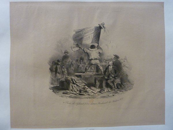 Historical black and white artwork depicting a street scene relating to albums, book selling, and art market during the July Monarchy era. Features figures interacting amidst piles of books, likely in an allegory to Commedia dell'Arte, symbolizing sociopolitical themes.