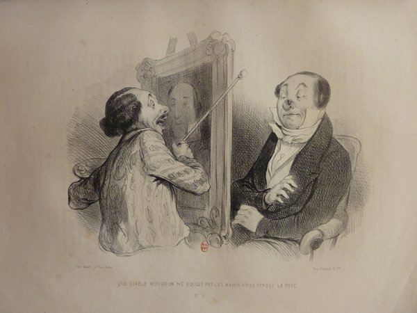 An artist in a smock and holding a mahlstick and palette is painting a portrait of a bourgeois man in a formal outfit and cravat, sitting near an easel in an artist’s studio. Both individuals display prominent facial hair. The scene evokes the ambiance of the July Monarchy era.