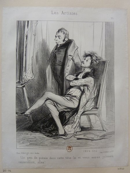 Black and white illustration titled "Les Artistes," depicting two male figures in a studio setting. One is dressed in a bourgeois outfit with facial hair, standing near an easel and looking sternly. The other, a bohemian painter with long hair, wears a smock and sits relaxed in a chair, gazing upward. The scene includes paintings and a draped window.