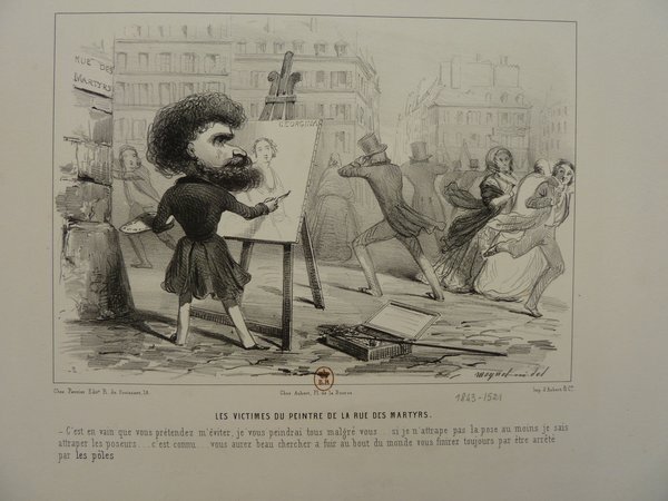A drawing depicting a painter with facial hair, a caricatured large head, and a bourgeois outfit including a top hat, working on a portrait at an easel on a street. Nearby, figures in period outfits hurry past, and additional easels, paintings, and a palette are visible. The scene is set against a backdrop of city buildings.