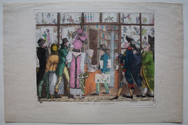 Colorful caricature depicting an art dealing scene, where figures in various historic costumes such as bicornes, tricornes, and top hats gather. Characters interact around images and caricatures displayed in a windowed room with visible swords, and one woman is present. The setting suggests a Restoration period merchant exchange environment.
