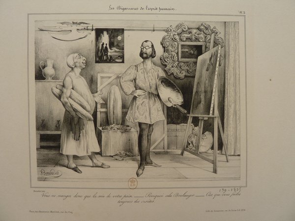 A black and white engraving depicting a scene in an artist's studio. A man with long hair and facial hair, dressed in Bohemian style, wearing pince-nez, is seen painting on a canvas. Beside him, a figure holding loaves of bread appears animated in conversation. Elements such as a palette, paintbrushes, and detailed ornaments on the furniture reflect the setting during the July Monarchy period.