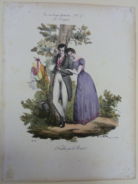 A vintage drawing depicting a man in a bourgeois outfit with a top hat and a woman in a rural setting. Both are focused on a document the man holds. Elements like restoration-style outfits and hats are prominent, with a background suggestive of a romance narrative in a rustic setting.