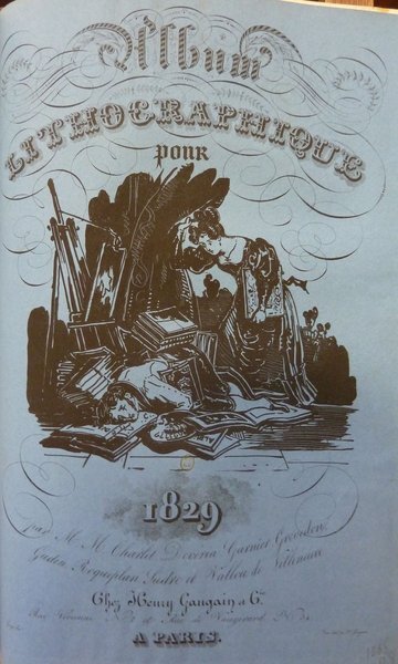 An illustration showing a woman in a studio filled with albums, easels, folios, and paintings strewn about. She gazes thoughtfully at a man who has fallen alongside a canvas, holding a palette, with restoration tools likely nearby. Text on the image dates it 1829, Paris.