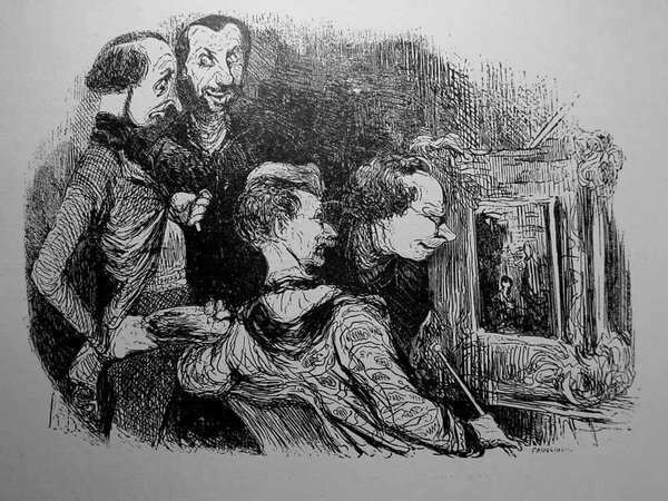 Black and white illustration showing four individuals, likely from the bourgeoisie during the July Monarchy, in a studio. Two wear smocks and hold palettes and mahlsticks, suggesting they are painters. They are viewing a painting, alongside two art critics with facial hair, depicted in an exaggerated caricature style.