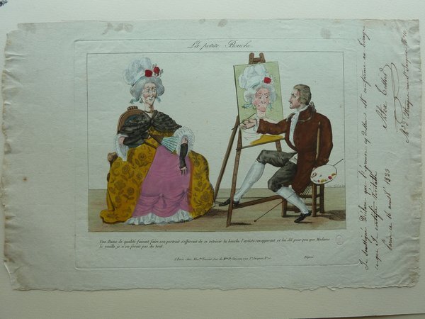 An illustration showing a man and a woman in an artistic setting. The man, dressed in a brown outfit à la Française, sits by an easel, holding a palette and mahlstick, painting the portrait of the woman. She poses beside him, clad in a colorful habit à la Française, interactively engaging with the painter. Various artists' tools like brushes, and a portrait in progress, can be seen in the studio environment.