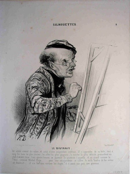 An artist wearing a smock and pince-nez, intensely focused while painting at an easel in a studio. He holds a palette in one hand. The environment suggests a setting during the July Monarchy era, captured in a style typical of that period's artistic depiction.