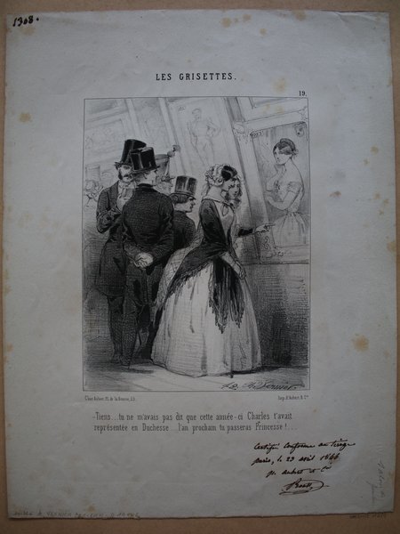 Black and white illustration from a 19th-century publication showing a group of figures at an exhibition or salon. We see several individuals including male figures in military uniforms and top hats, and women in outfits typical of the July Monarchy period, with one female model prominently featured. The setting includes paintings and a bustling audience environment.