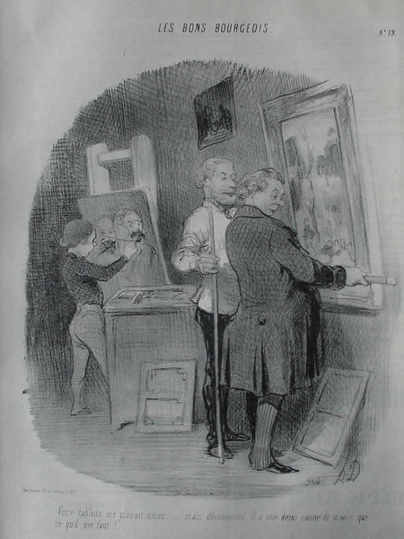Black and white illustration of three men in a painter's studio during the July Monarchy, examining large paintings and discussing art. The scene includes intricate details of the studio setting, portraying the involvement of art collectors and merchants in the 19th-century art scene.