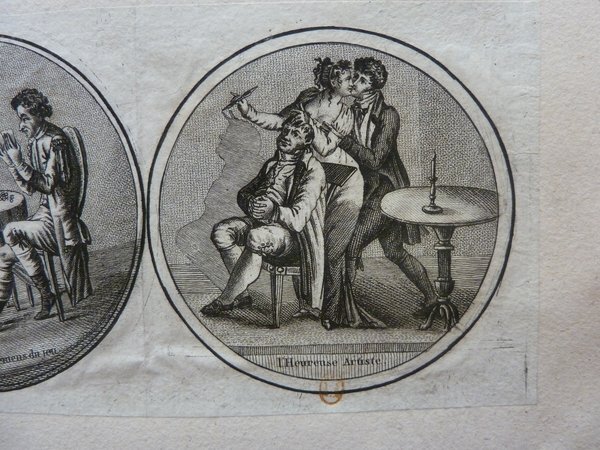 Alt Text: "A detailed black and white drawing depicting two circular scenes. On the left, a man seated on a chair holding cuckold's horns above his head. On the right, a man and a woman kissing indoors, near a small table with a candlestick."
