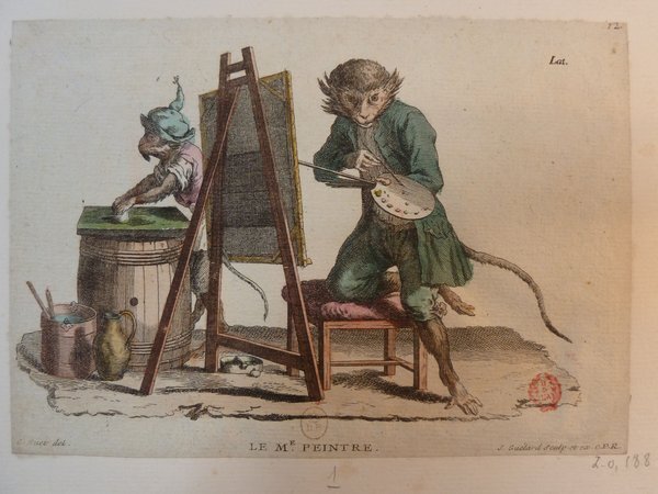Illustration showing two monkeys engaged in artistic activities in a studio setting, representative of the Ancien Régime. One monkey grinds paint pigments while the other, using a mahlstick and palette, paints on an easel. Both are anthropomorphized, wearing clothing and using artists' brushes. Paintings, palettes, and other art studio tools like grinding stones are visible.