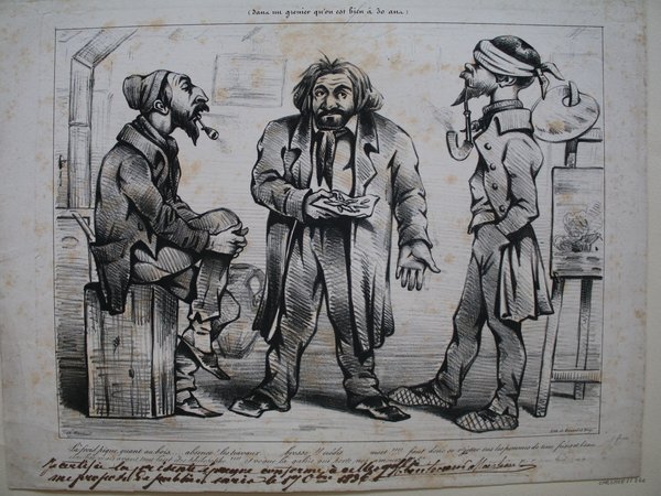 Three men in 19th-century attire stand in an artist's studio. One smokes a pipe, leaning against an easel with a canvas depicting a flower painting. Another, holding a palette, discusses with the third, who also smokes a pipe. The room includes prints and another easel, suggesting a creative workspace during the July Monarchy period.