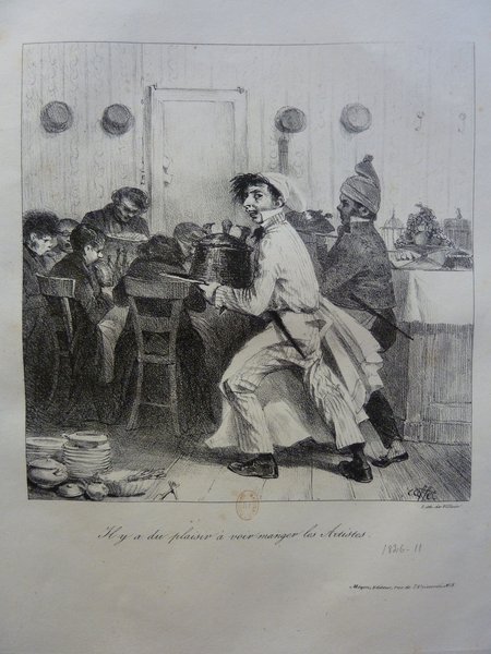 An artistic, black and white illustration depicting a busy restaurant scene with multiple figures. Some diners are seated at tables, attentively eating and drinking, while a central figure, possibly an artist or a waiter engaged in restoration, energetically moves through the room carrying bottles of alcohol. The setting includes details such as plates and a rustic interior architecture. The overall activity suggests a lively restaurant atmosphere, focused on dining and occupational tasks.