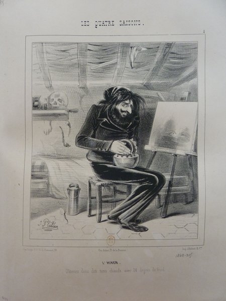 Black and white illustration of a long-haired male painter with facial hair seated at an easel in a studio, working on a painting. The setting includes visible objects like a skull, statues, and a furnace, typical of a July Monarchy era artist's workspace.