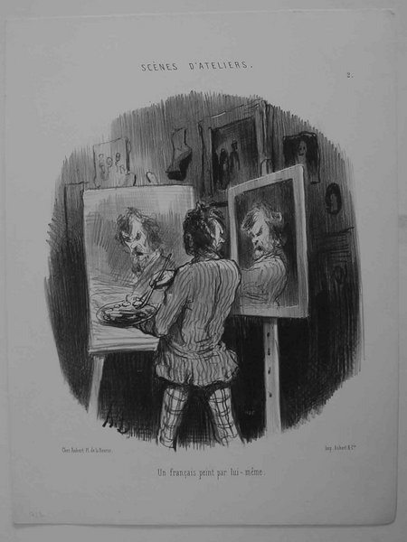 A black and white illustration depicting an artist in a studio surrounded by various artistic items including easels, paintings, a mirror, a palette, and statues. The scene also features artists' brushes and captures a painter working on a canvas. The setting appears to be from post-1848 era.