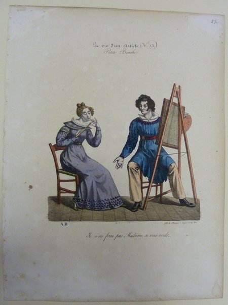 A woman in a purple dress sits beside another man dressed in a blue and red attire, who holds a palette and stands near an easel with a painting. This scene occurs in an artist's studio. They are possibly involved in painting or portrait sitting.