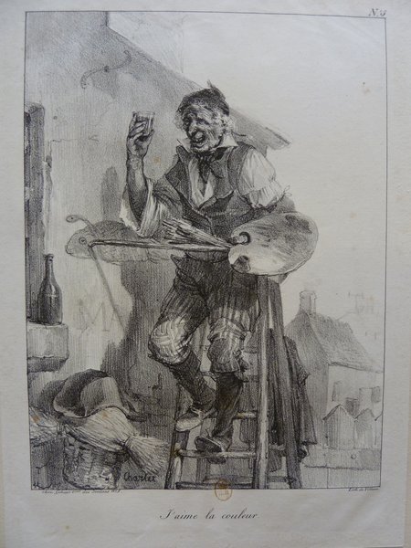 An artist holds a paintbrush and palette while standing on a ladder, a bottle and a glass nearby. He is next to an easel with a large painting in front of a storefront, with signs visible. Elements like mahlsticks and restoration tools suggest an ongoing artwork project.