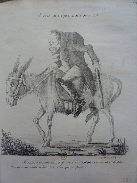 A black and white illustration shows a grinning man riding a donkey. The setting appears outdoors. This artwork is related to the July Monarchy and the character Mayeux.