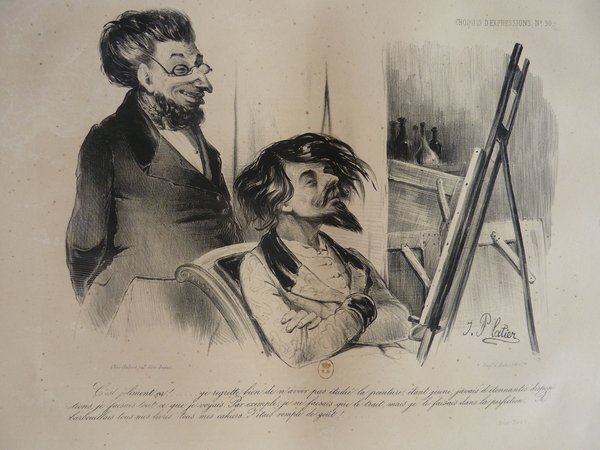 An illustration of two men in a studio setting, depicting a scene from the July Monarchy era. One man with pince-nez and facial hair is standing, looking at another man with long hair seated near an easel, which holds an unclear painting. In the background, a shelf holds several bottles, possibly alcohol. The style suggests the subjects are bourgeoisie art critics or painters viewing art.